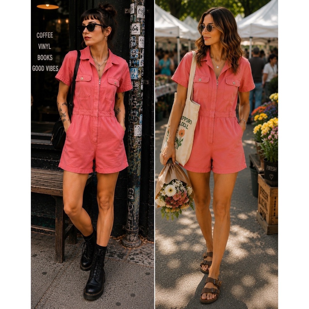 Salmon Pink Utility Romper Pink Zip Front Safari Festival Boho Rockabilly Sz M
